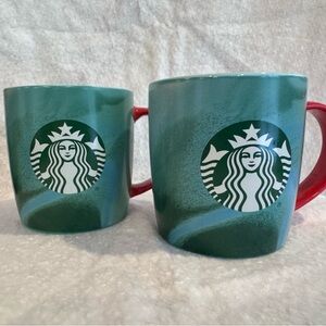 Starbucks 2024 Holiday Mug Set Green Blue Swirl Red Handle 11oz Pair